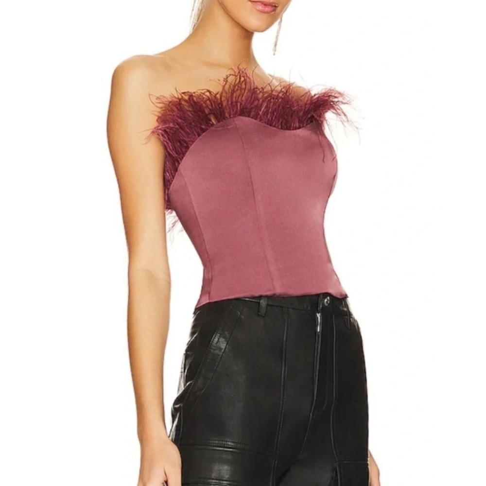 LPA Aida Top in Rose Mauve Ostrich Feather Trim Strapless Corset Top XL Satin